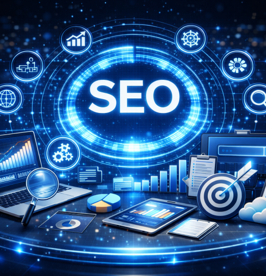 Futuristic SEO analytics and technology design